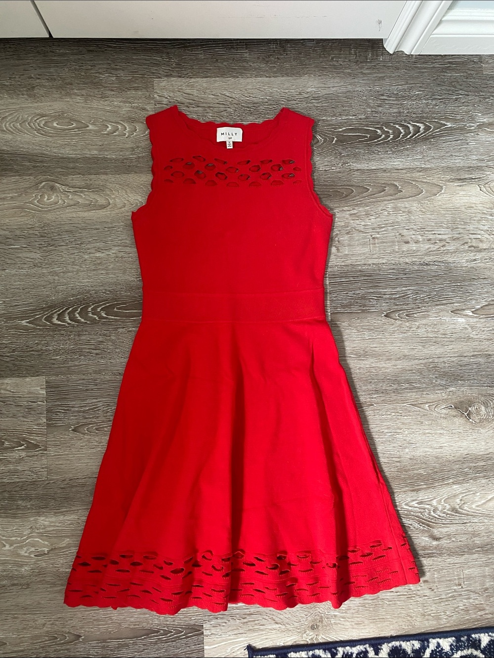 Milly Red Sleeveless Fit & Flare Laser-Cut Dress